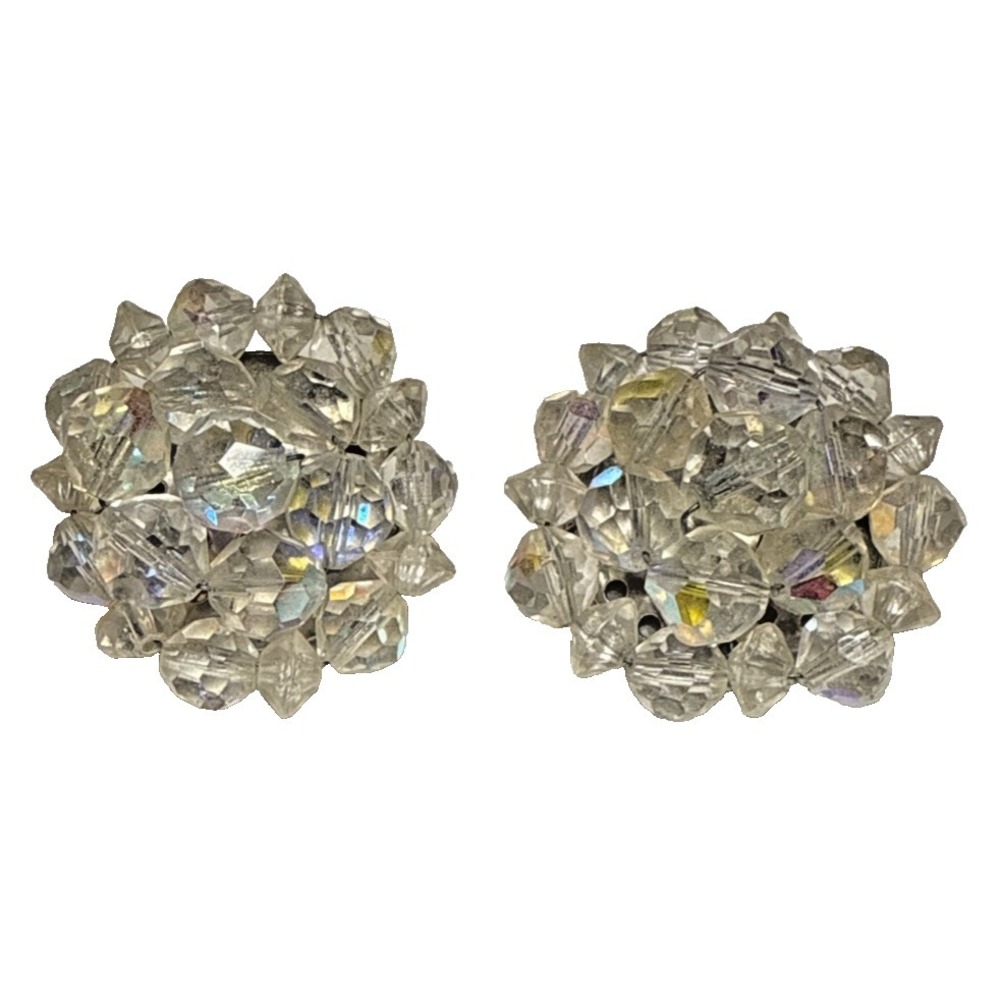 Iridescent AB Glass Beaded Clip On Earrings Vtg J-6B